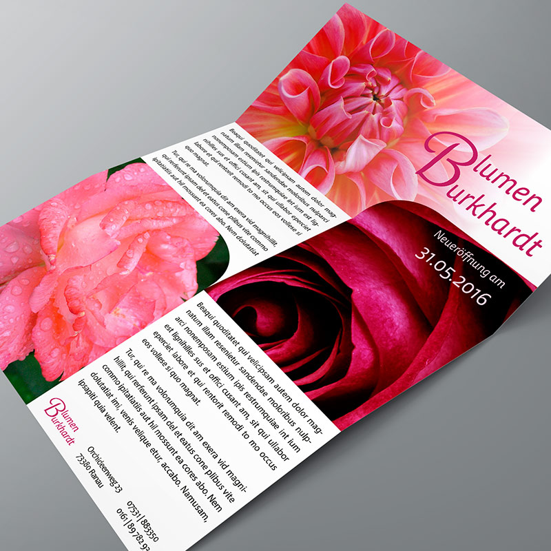 Flyer im Z-Falz für die Neueröffnung eines Geschäftes für Blumenfachhandel