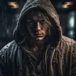 Cineastisches Digital-Art-Porträt eines jungen Mannes mit Kapuze. Dramatische Lichtführung, ausgearbeitete Texturen und starke Kontraste erzeugen eine intensive, düstere Atmosphäre.